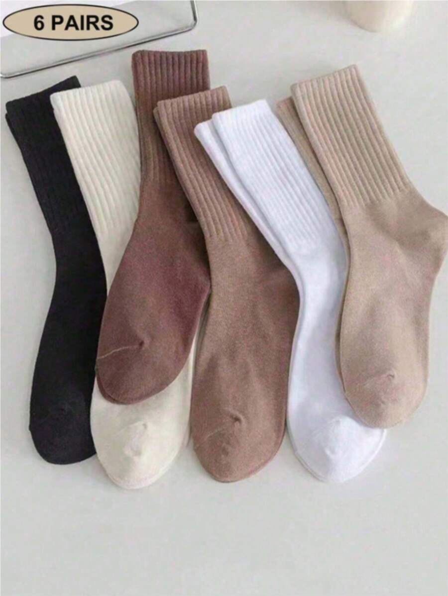 1/6 Pairs Solid Color Casual Sport Crew Socks, For Women, Autumn/Winter