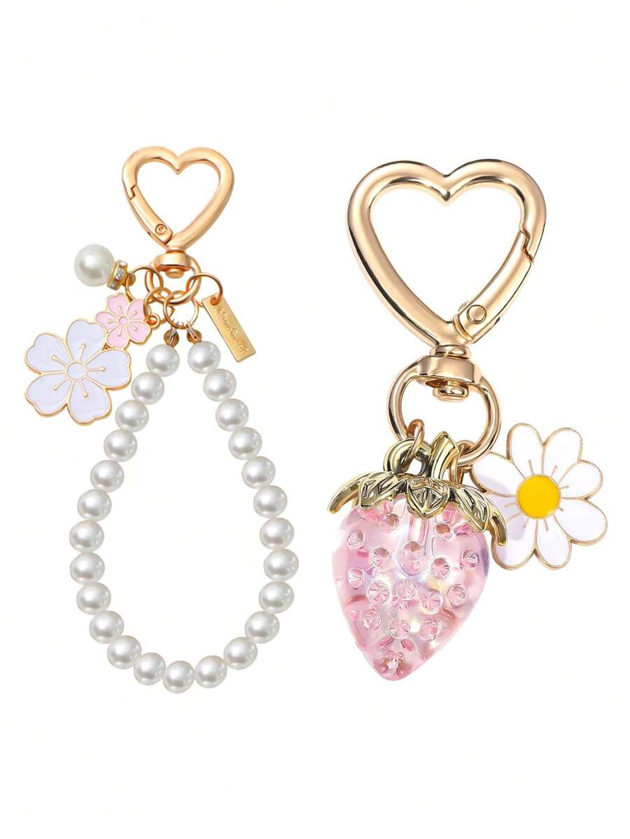 2 Pieces Strawberry & Cherry Blossom Keychain Set - Cute Floral Bag Charm Gift For Women & Girls