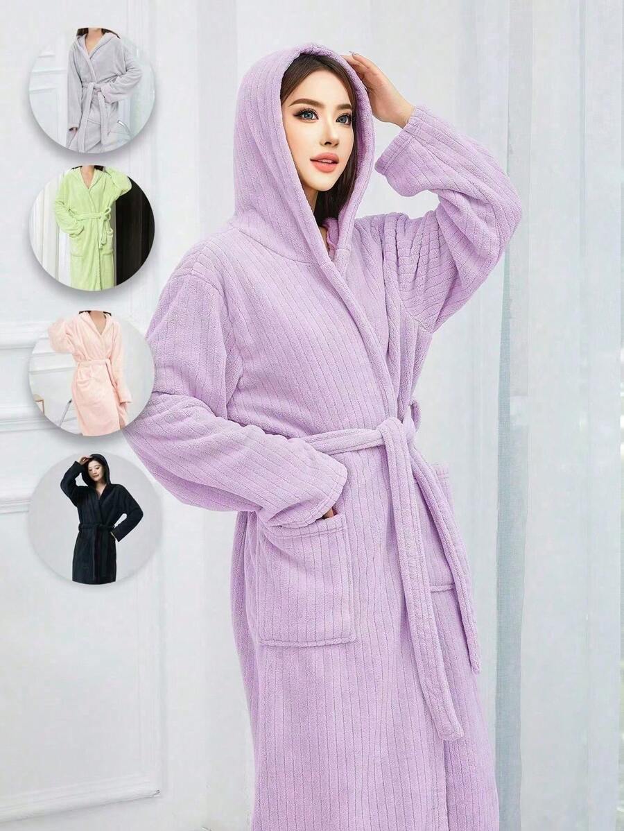 1pc Women Plush V-Neck Long Cardigan Robe, Coral Fleece Long Sleeve With Pockets, Casual Sleepwear Back To School