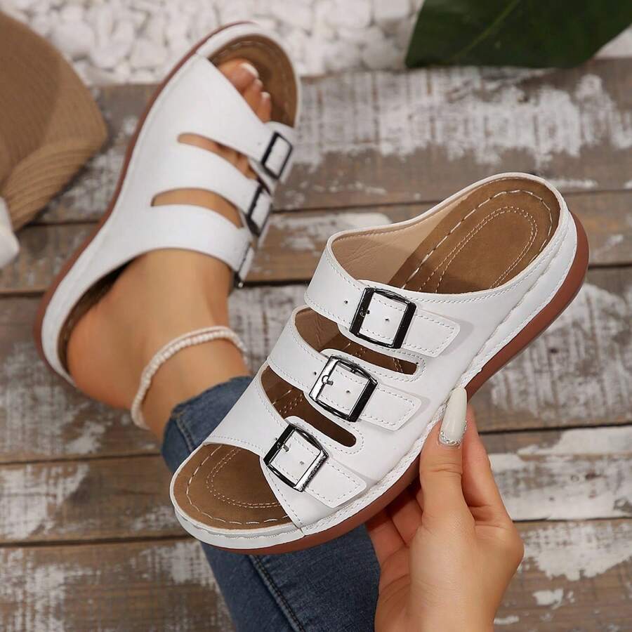 Plus Size Women's Simple 3-Buckle Sandals, Casual Slip-On Wedge Sandals, Versatile And Suitable For Commuting And Walking