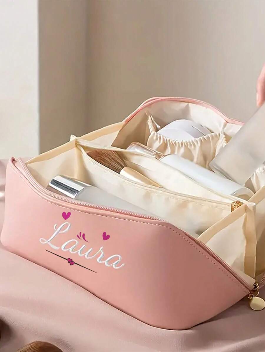 1pc Personalized Name Printed Makeup Bag - Large Capacity Cosmetic Organizer Bag With Zipper Closure And Top Handle - Customizable Travel Toiletry Bag In Black, Brown Or Pink - Perfect Women Birthday Gift, Makeup Bag