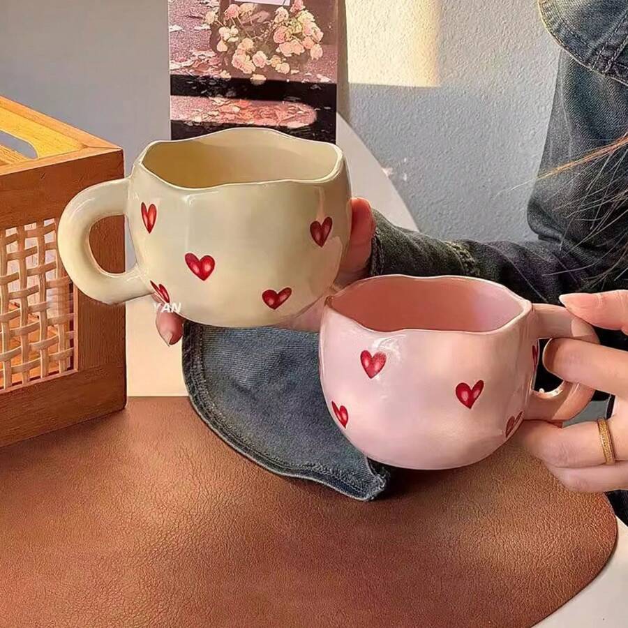 1pc Ceramic Heart-Shaped Coffee Mug, Minimalist European Style Milk Cup, Ceramic Mug, High-Quality Ceramic Water Cup, Couple Mugs, Cute Office Coffee Cup