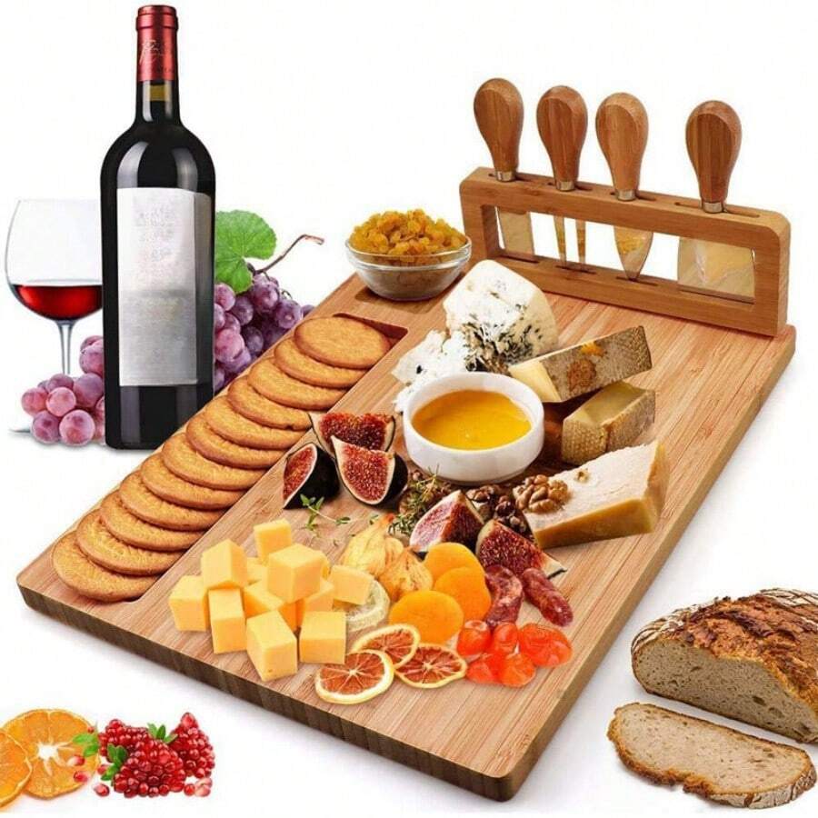 1 Set Large Cheese Board & Knife Set, 4PCS, Bamboo & Wood Cutting Board, Kitchen Cutting Board