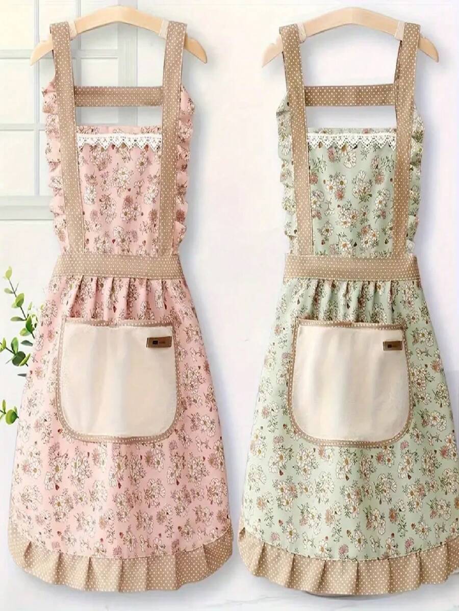 1 Stück süße Schürze, Leinenschürze mit atmungsaktivem Blume Muster, wasserdichte und ablaufende Schürze für die Arbeit, geeignet für Kellner, Köche, Küchen-Haushalte