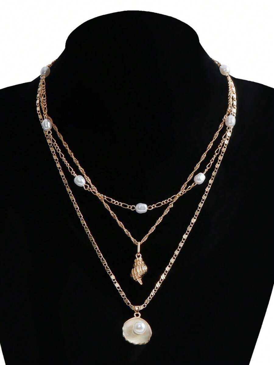 1 pièce Collier pendentif multicouche en coquillage de perles synthétiques, collier chaîne plate en métal de style bohème pour femmes, accessoire polyvalent pour les vacances à la plage
