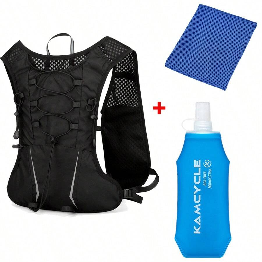 Running Vest Running Vest With 500ml Soft Flask And Cooling Towels, Adjustable Unisex Reflective Camel Hydration Backpack Vest Functional Running Backpacks, Cycling Running Climbing Hiking Vests Running Chest Pouch Bag For Phone ,Women And Men,