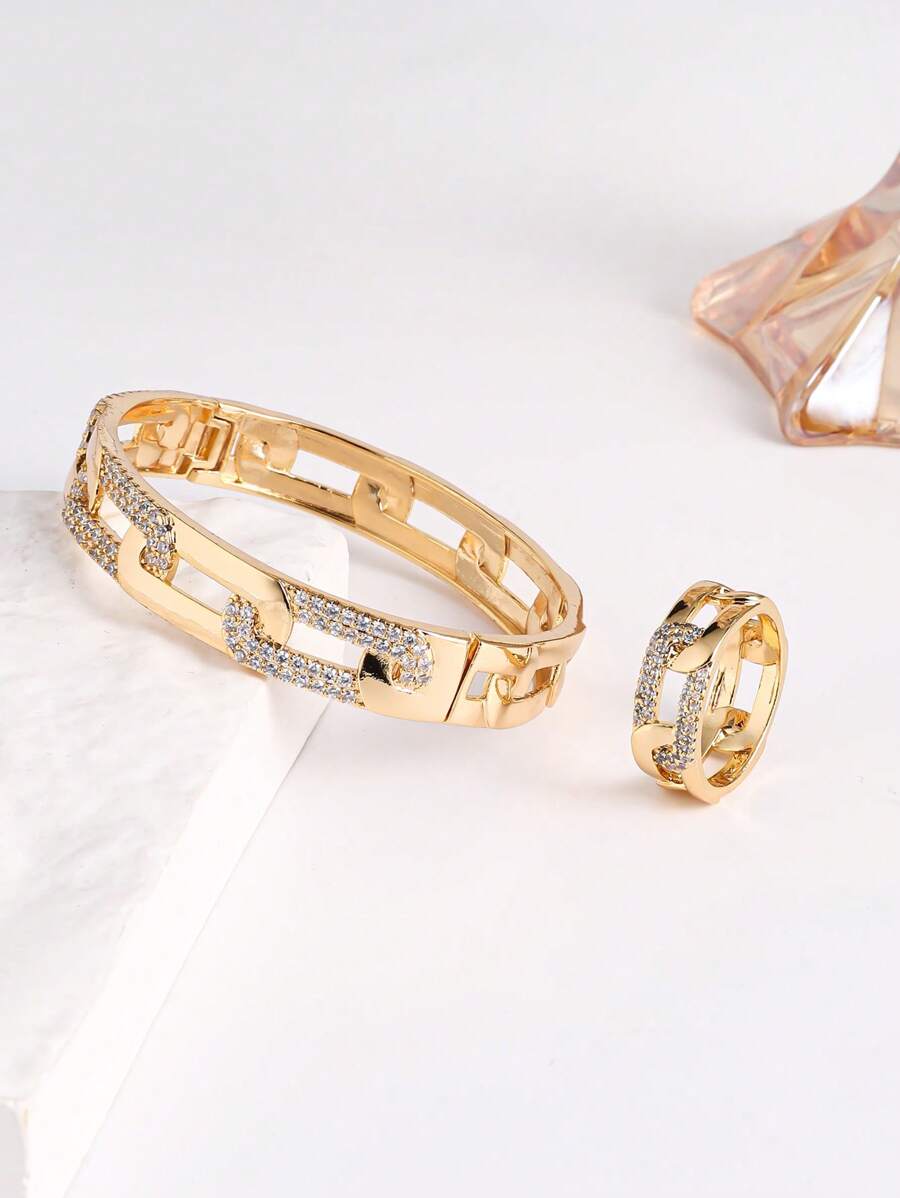 1 Set de pulsera y anillo con cadena geométrica y microperlas de circonita, un elegante juego de pulsera y anillo para uso diario de mujer