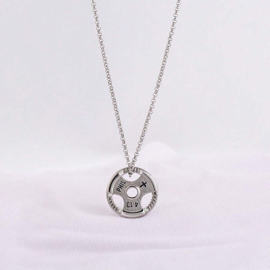 1 pieza Collar con dije en forma de pesa inspirador de acero inoxidable, accesorio deportivo para hombres en atuendos diarios