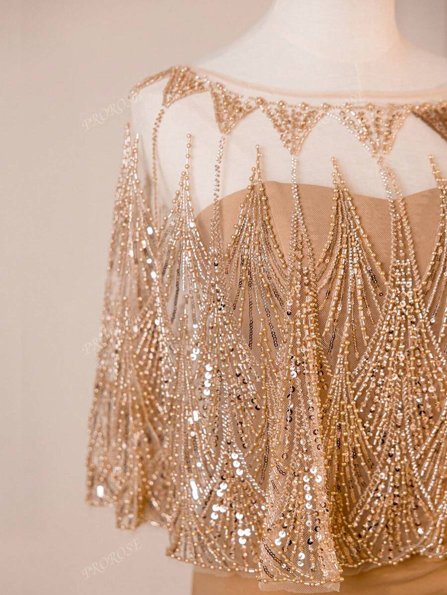 Nuovo arrivo Scialle pesantemente decorato con perline e paillettes, Elegante abito da sera a sirena senza spalline con scialle incluso