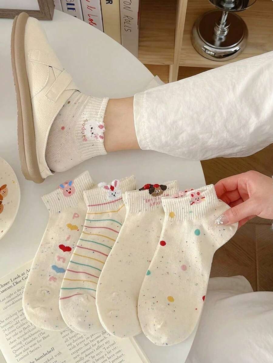 5 Pairs Women Short Casual Socks Fashion Cute Cartoon Pattern Spring/Summer Sweat Absorbing Breathable Casual Socks