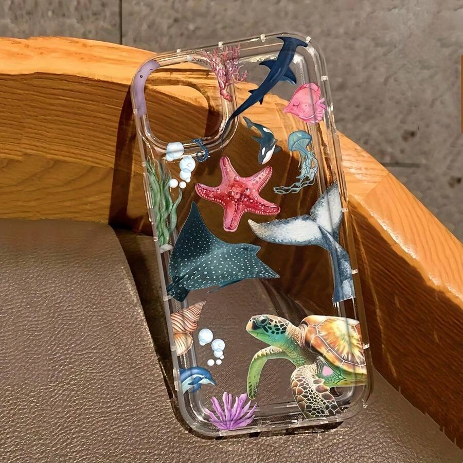 1 Stück transparente Luftkissen Sommer Ozean Elemente Seestern Schildkröte Retro Design stoßfeste Schutzhülle kompatibel mit Apple 16 15 14 13 12 11 Pro Max, Serie