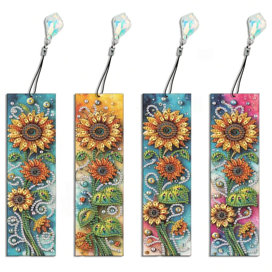 Set de 4 Marcapáginas de arte de diamantes con patrón de girasol, regalo de arte de cristal y rhinestone con colgante de diamante, regalo festivo. Brillantes marcapáginas de manualidades de DIY para el hogar, oficina, escuela, regalo para amantes de los libros