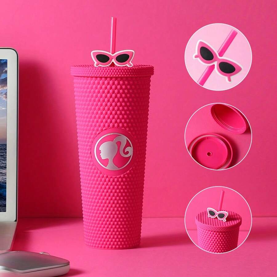 Miniso Barbie Serie Durian Strohhalm Tasse mit Deckel, Großer-Kapazität Wasserflasche Tumbler, Plastik Kaffeebecher, Geburtstaggeschenk für Mädchen 700ml/24oz