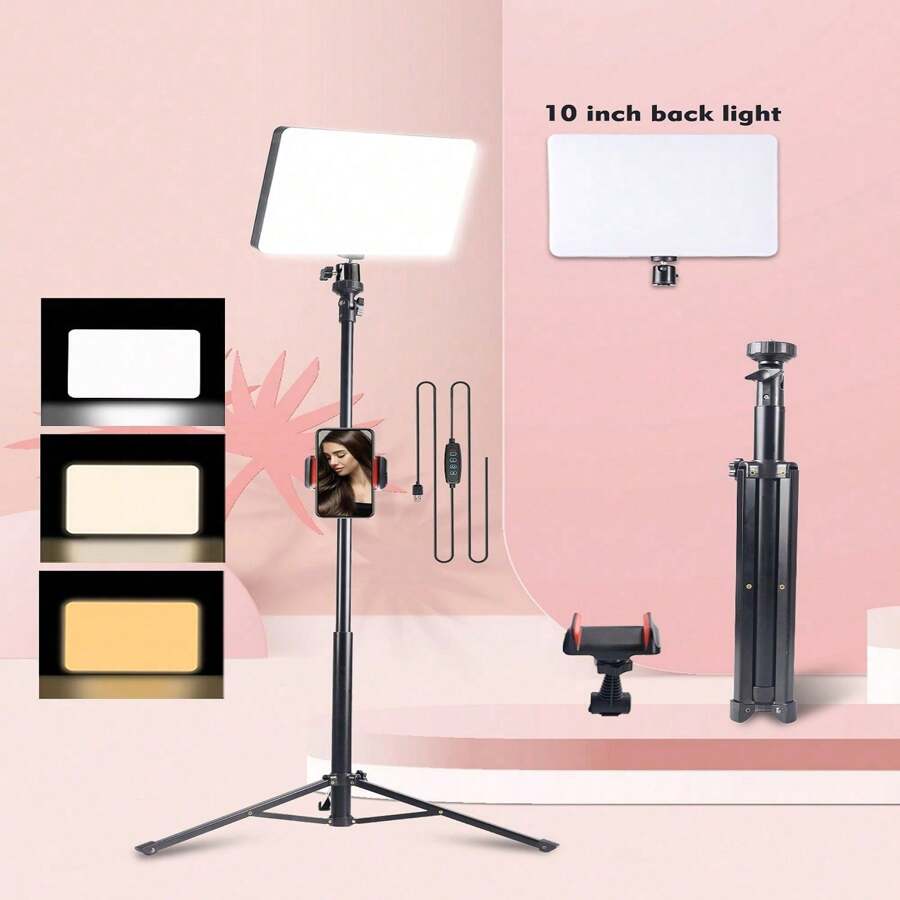 Un panneau lumineux plat LED de 10 pouces mesurant 145 cm, avec un trépied stable, réglable et une alimentation USB, convient à divers scénarios tels que la photographie, l'enregistrement vidéo sur site, le maquillage, les selfies d'équipe et la prise de vue de vlog. Convient pour la photographie, l'enregistrement vidéo, la diffusion en direct, les réunions Zoom, le vlogging, avec un éclairage de selfie pour téléphone