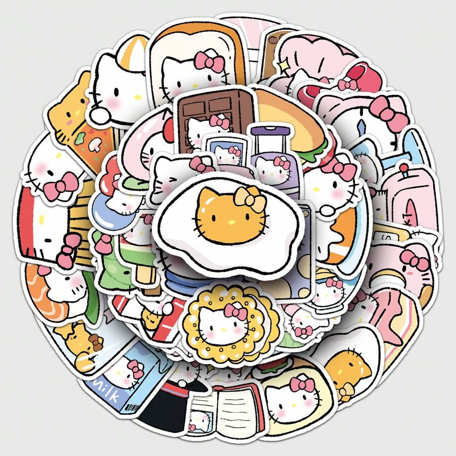 Sanrio 50 PCs Funny Cute Q-Version Kitty Cat Stickers For Laptops, Water Bottles, Diaries, Suitcases, Cars, Wardrobes And Other DIY Decorative Stickers,Back To School,School Supplies