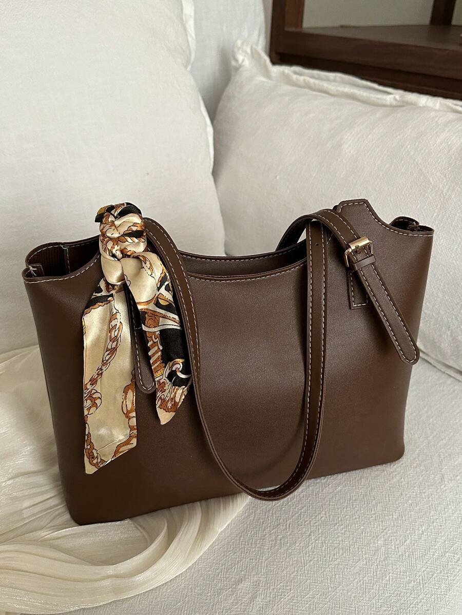 Fashionable And Simple Solid Color Letter Printed Shoulder Tote Bag With Scarf, Suitable For Shopping, Wallets, Shopping, Young Women, College Students, Newcomers, White-Collar Workers. They Are Very Suitable For Offices, Universities, Work, Business, Commuting, Outdoor Activities, Travel, And Outings