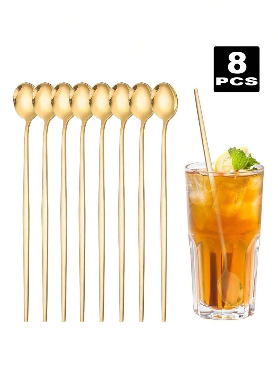 1/2/4/8pcs Stainless Steel Ice Spoons, Cocktail Mixing Spoons, Long Handle Spoons Suitable For Home, Kitchen, Restaurant, Hotel,School Supplies