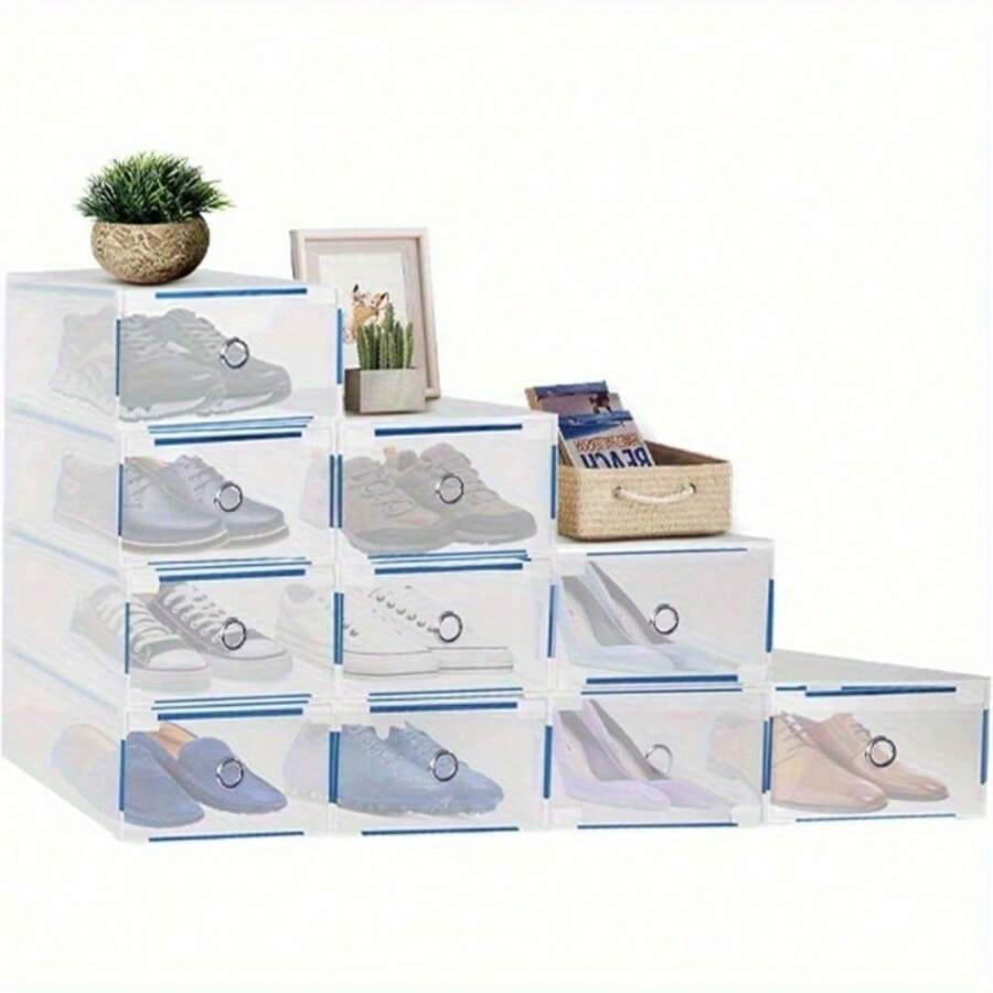 10 Pack Transparent Boxes Foldable Storage Boxes Plastic Drawer Stackable Storage Boxes 31 X 20 X 11cm For Shoes Files Clothes Or Cosmetics Storage