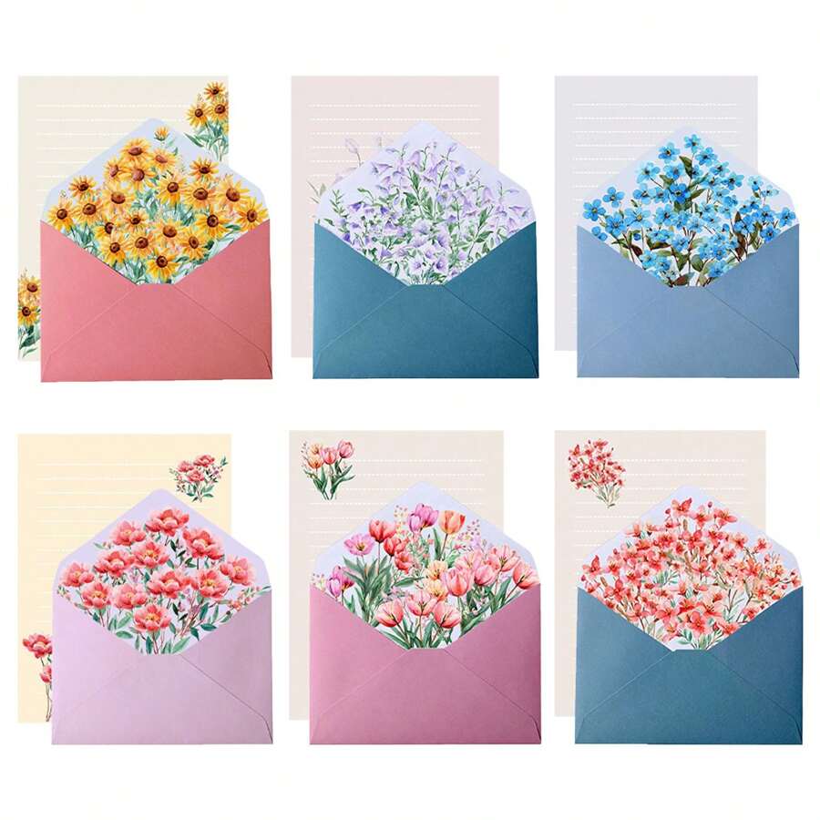 Set da 6 pezzi di buste e carta da lettere a tema floreale romantico, con buste ed carta con eleganti motivi floreali, adatti per lettere d'amore, note, matrimoni, inviti, delicata carta da lettere e buste floreali, buste per cartoline, forniture scolastiche, back to school