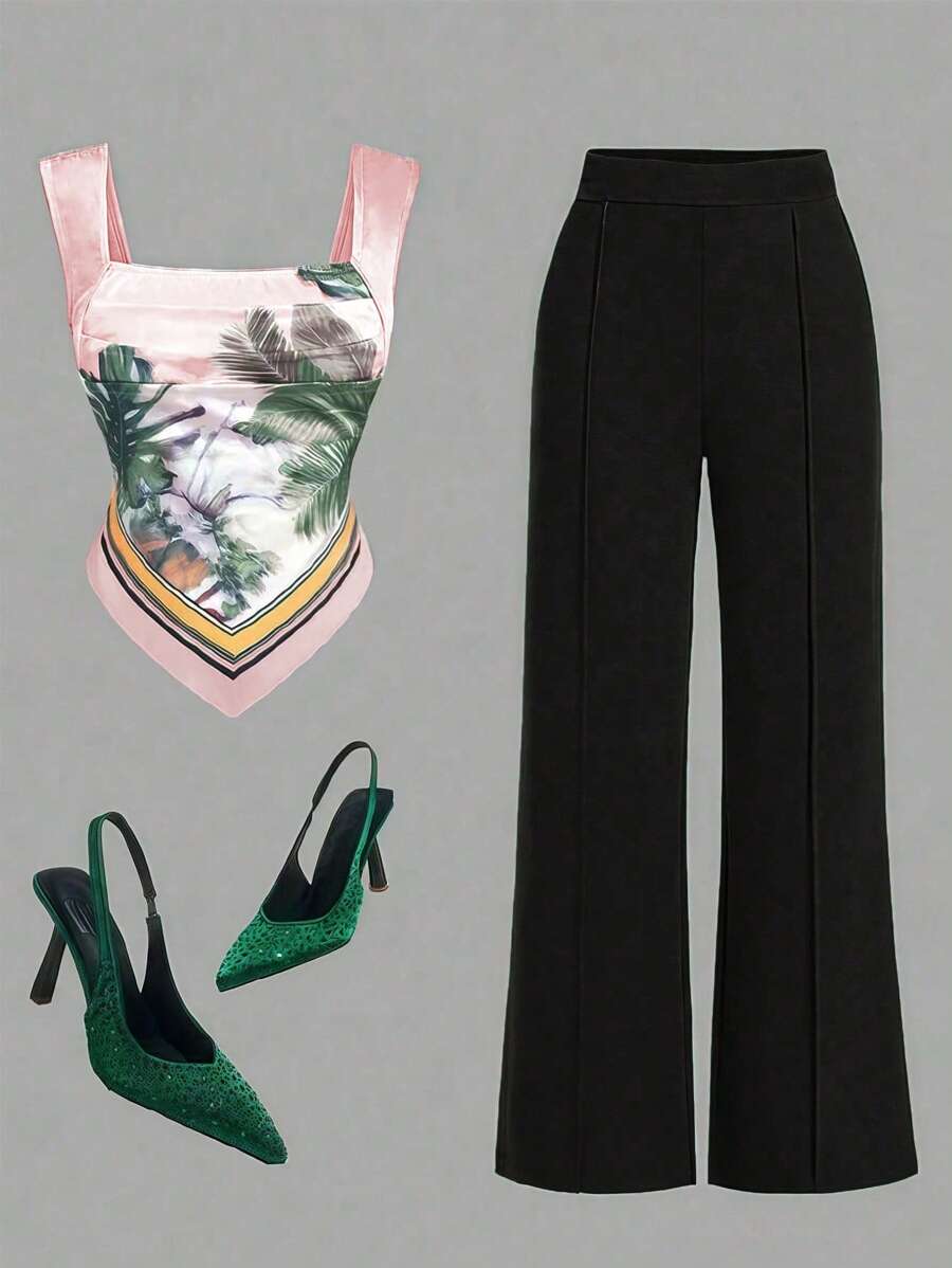 Set da donna composto da 2 pezzi: canotta con scollo quadrato e fantasia tropicale bohémien e chic; pantaloni casual in chiffon con vita alta e gamba ampia, ideale per uso quotidiano, all'aperto, vacanze e appuntamenti