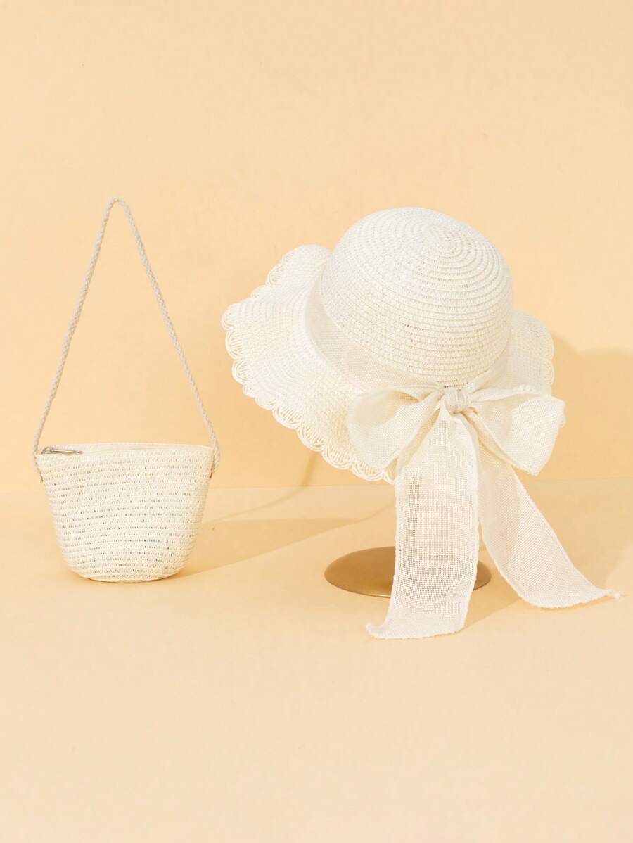 2 piezas Sombrero de paja para niños con lazo y corbata, sombrero de playa y bolsa de paja de moda para vacaciones de verano