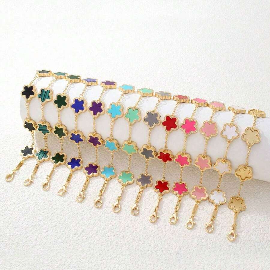 1pc Colorful Shell Inlaid Clover Charm Flower Chain Bracelet, Fashionable & Elegant For Women & Girls