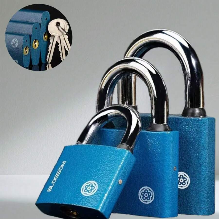 1pc Plum Blossom Copper Core Padlock - Blue Powder-Coated Solid Iron Lock, Rust-Proof, Anti-Theft, Anti-Pry, Suitable For Outdoor Gates, Dormitory Cabinets