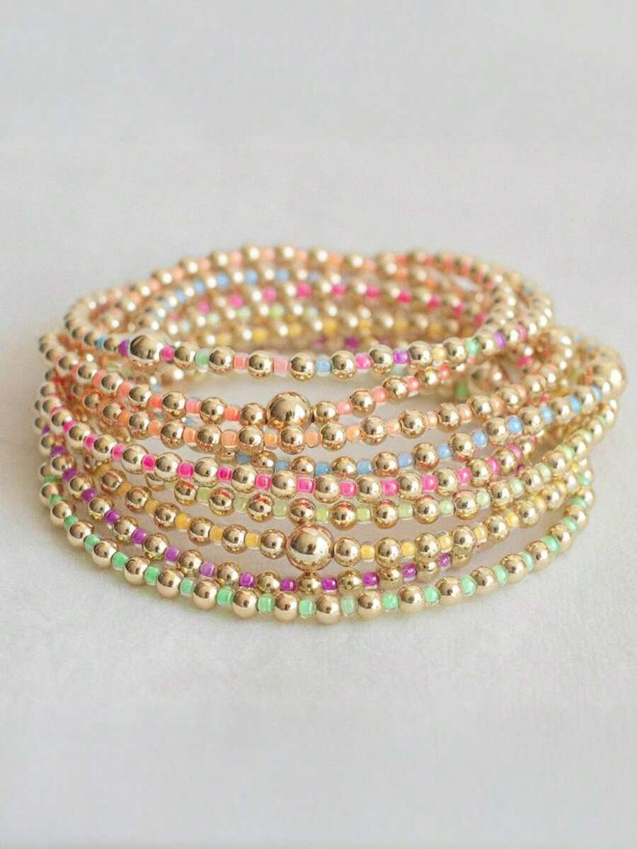 1 pieza Pulsera elástica de moda, estilo bohemio con cuentas de vidrio multicolor, hebra de cuentas de metal enchapado en cobre, pulsera apilable, adecuada para uso diario de mujeres y como regalo