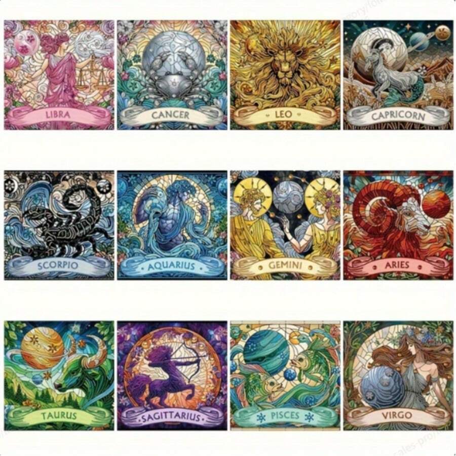 Set di ricamo di diamanti 5D con motivi delle dodici costellazioni, Bilancia, Leone, Ariete, kit per ricamo e cucito a mano, mosaico, regalo, decorazione murale per ufficio e soggiorno