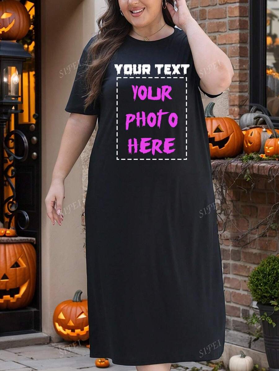 Robe longue personnalisée pour femmes pour Halloween, conception sur mesure avec votre texte personnel/nom/bénédictions d'Halloween, téléchargez vos drôles d'images/animaux de compagnie/photos d'amis sur l'avant, robe ample et confortable grande taille pour femmes, noire, vêtements d'automne, cadeau de fête, robe d'intérieur