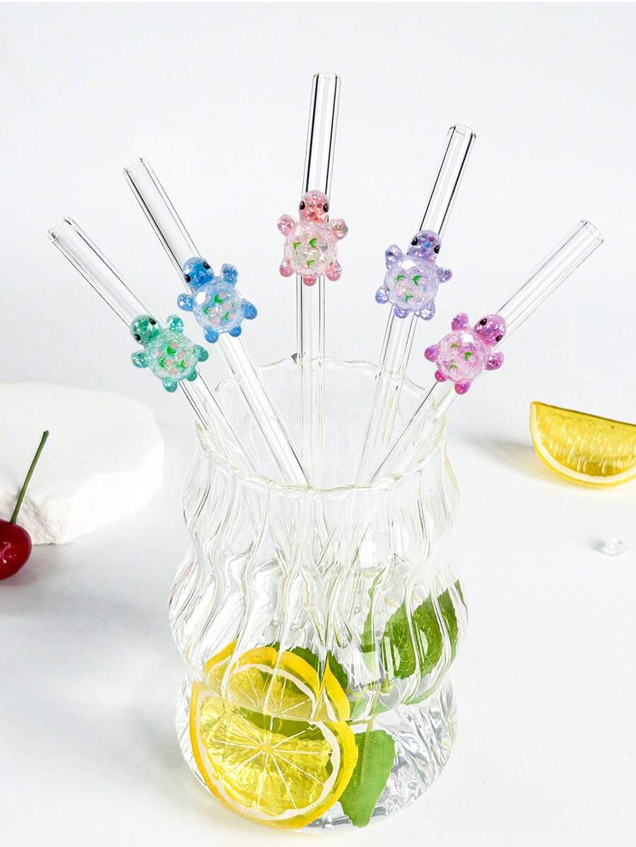 1 pièce/1 set de paille en verre design de dessin animé coloré tortue, paille en verre réutilisable coudée, pour smoothies, lait thé, jus, cocktails, boissons froides, café, fournitures de fête, camping/voyage/été/vacances/cuisine, fournitures scolaires