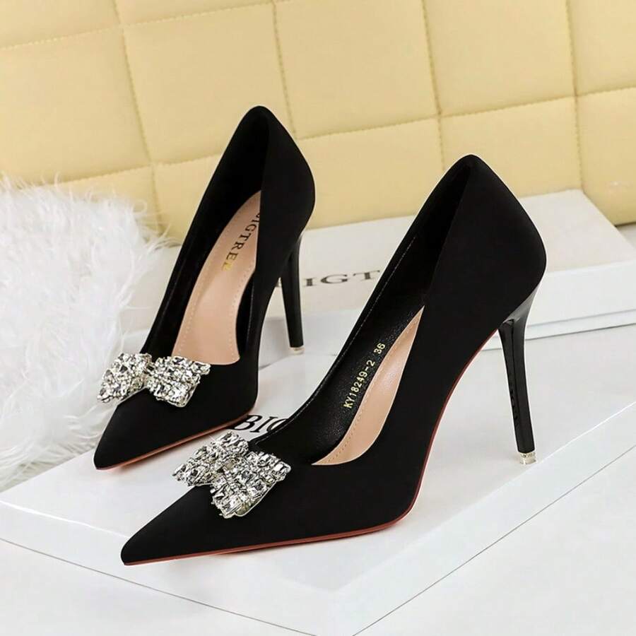 Zapatos de tacón alto de mujer con punta puntiaguda, lazo de mujer, abertura baja, zapatos sencillos, zapatos de mujer de satén