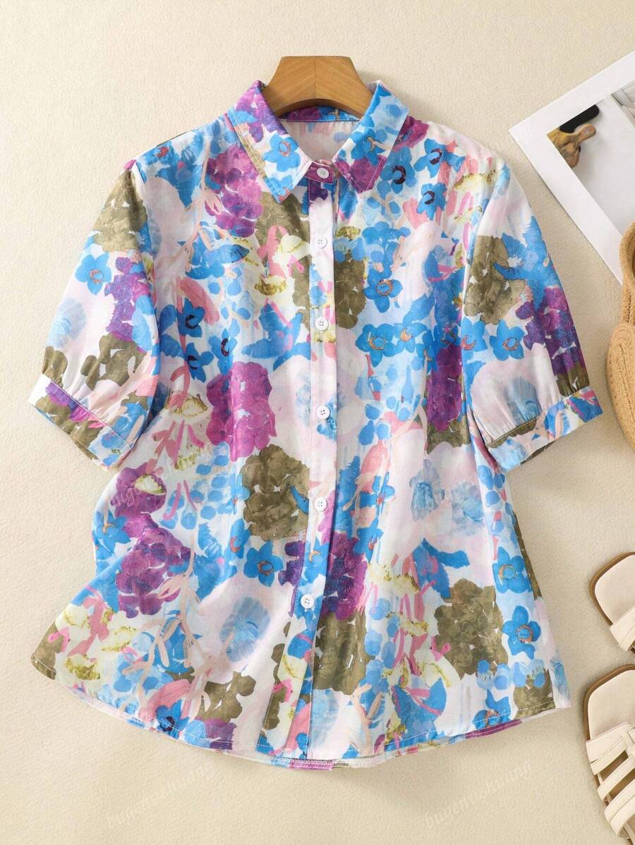 Women's Floral Print Loose Fit Lapel Button Down Shirt Elegant Casual Short Sleeve Blouse For Spring Summer Office & Daily Wear