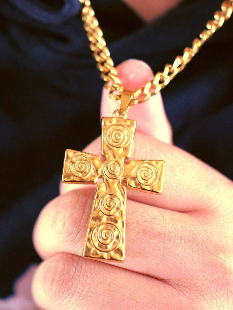 1 Stück Edelstahl Wirbel texturiertes Kreuz Anhänger, Vintage-Stil Alltagskleidung für Männer