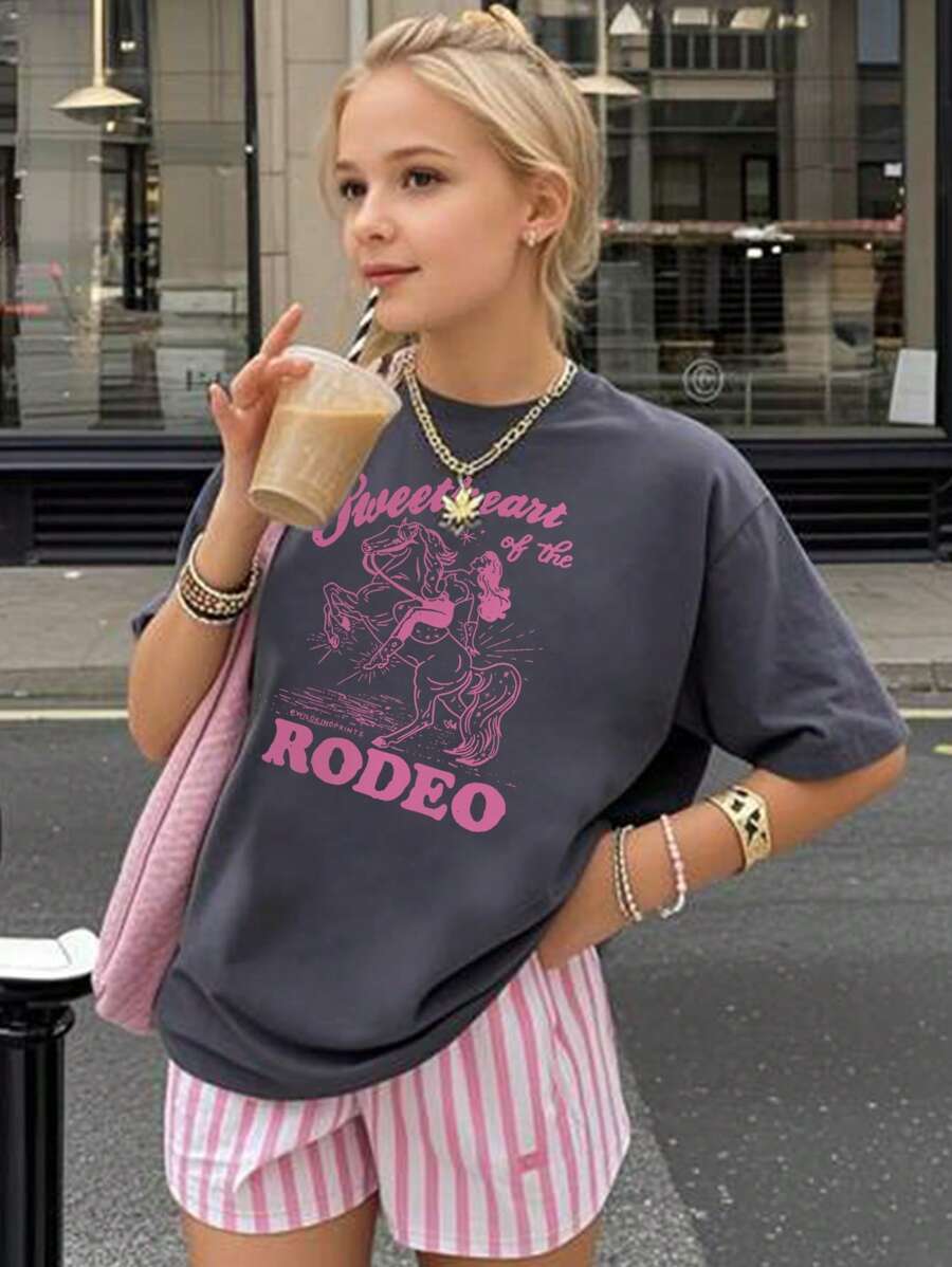 Camiseta casual de manga corta con cuello redondo y estampado rosa para niñas y adolescentes, top de verano