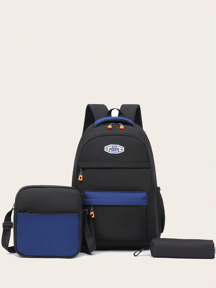 New Men's Lightweight One Shoulder Bag Backpack With Pen Case 3 PiecesSet, Casual Large Capacity Student Messenger Bag