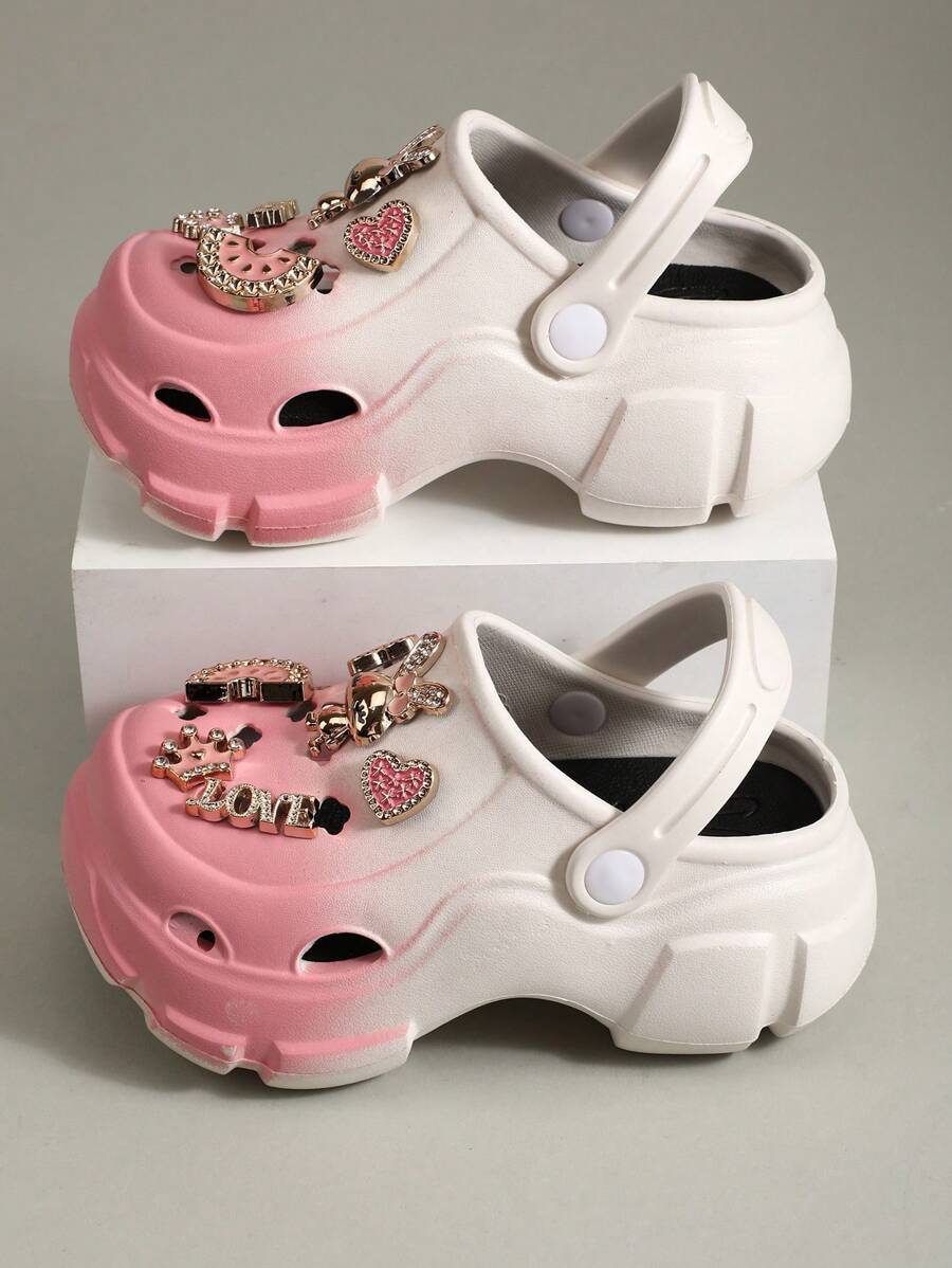 1 par de sandalias gruesas con base de EVA impermeable y antideslizante, con decoración de conejo bañada en oro, puntera redonda y degradado de color rosa y blanco, apropiadas para el verano, para niñas