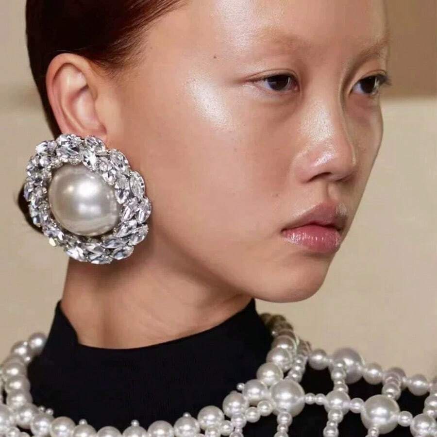 2pcs/Set Oversize Round Full Rhinestone Earrings, Vintage Pearl Earrings Decorations