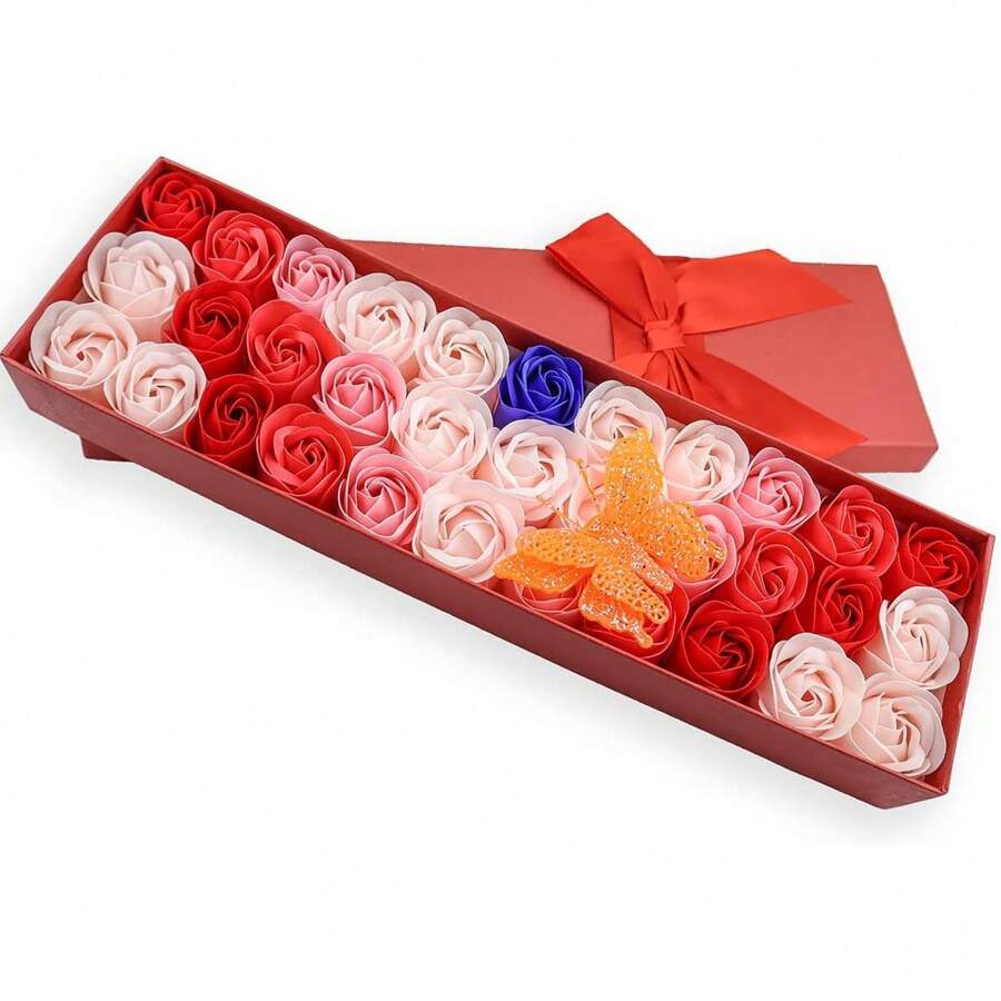 JIALEEY 33 PCS Floral Scented Bath Soap Rose Flower Petals, Plant Essential Oil Rose Soap Set Gifts Ideas For Her Women Mom Valentine's Day, Red Gift Box