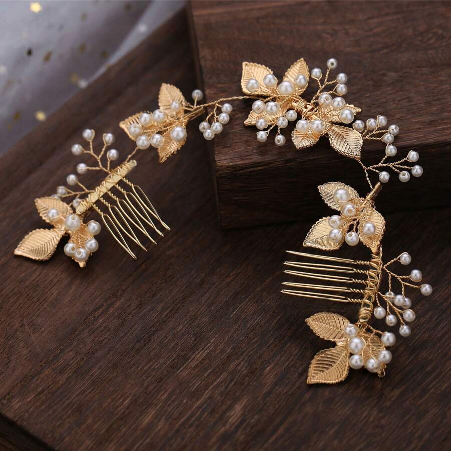 1 Stück Damen Haarschmuck aus Zinklegierung im koreanischen Stil, elegante handgefertigte Haarkamm mit weißer Perlen-Blätter-Optik