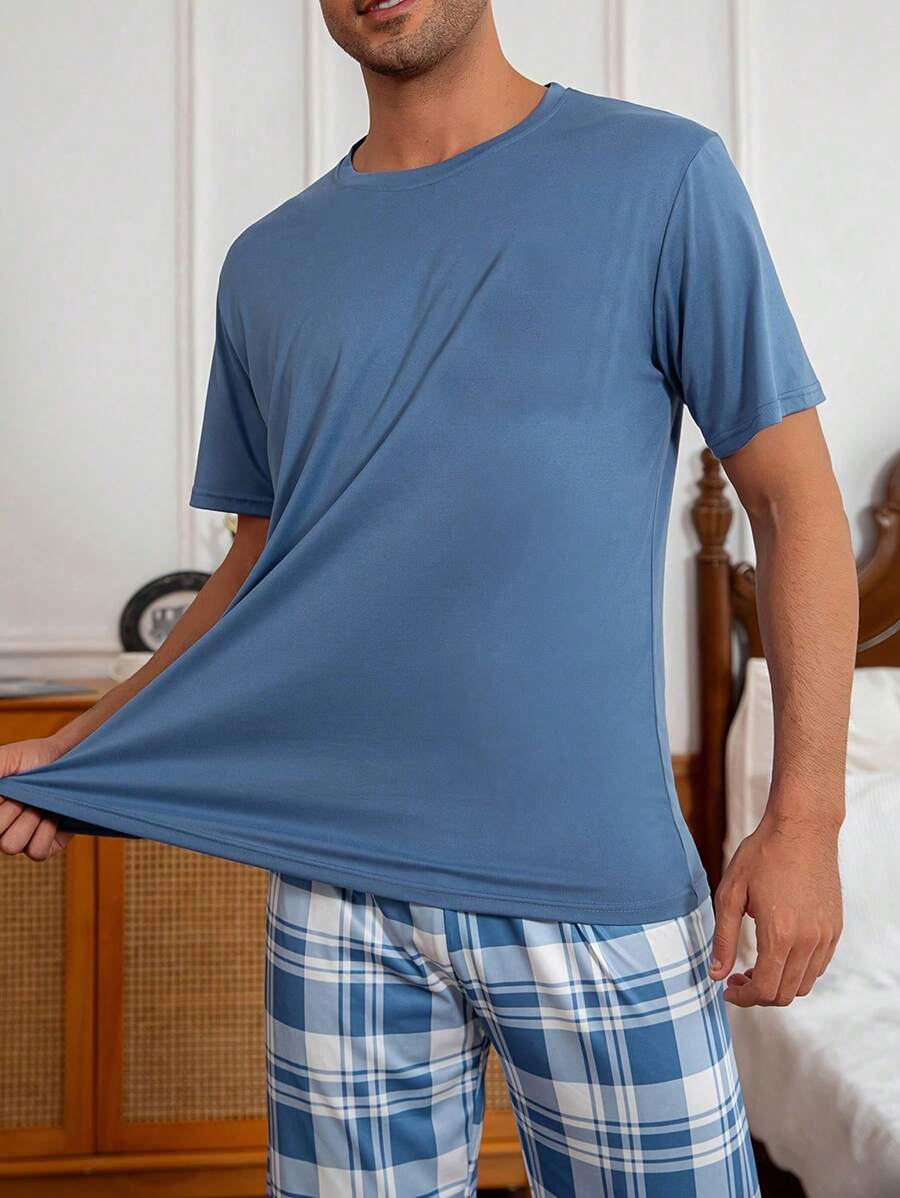 2pcs Men's Lightweight Round Neck Short Sleeve Contrast Plaid Print Pocket Pajama Set,Casual Simple Home Outfit, Spring/Summer