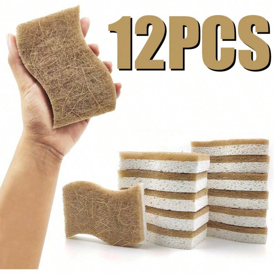 12PCS Natural Scrub Sponges Dish Washing Sponge Natural Sisal Wood Pulp Cotton Microfiber Sponge Kitchen Sponge Household