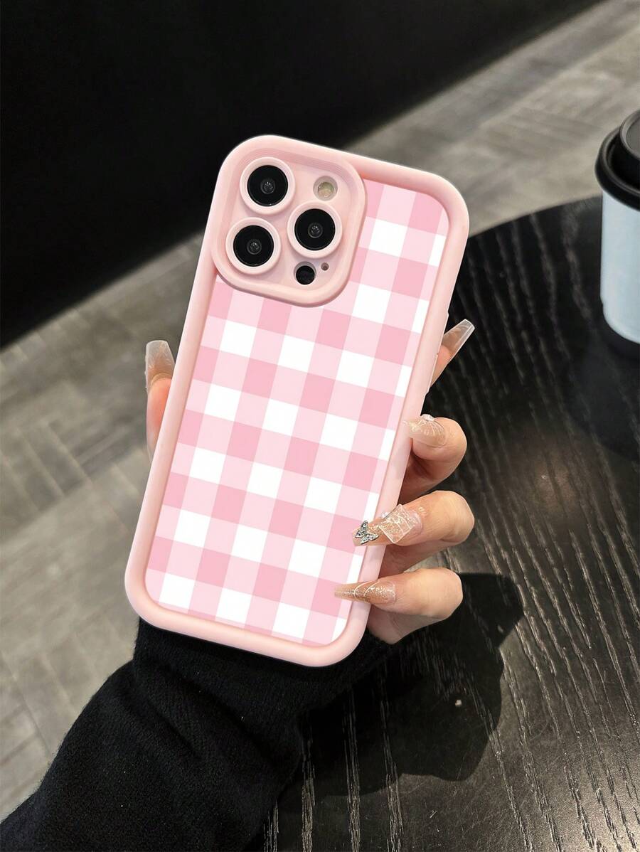 Striped 1pc Soft Pink Checkered Matte Finish Protective Phone Case Compatible With Apple 16, 15 Pro Max, 14, 14 Plus, 13, 12, 11, XS, XR, X, 7, 8, Suitable As Birthday Gift, For Girlfriend, Boyfriend Or Personal Use