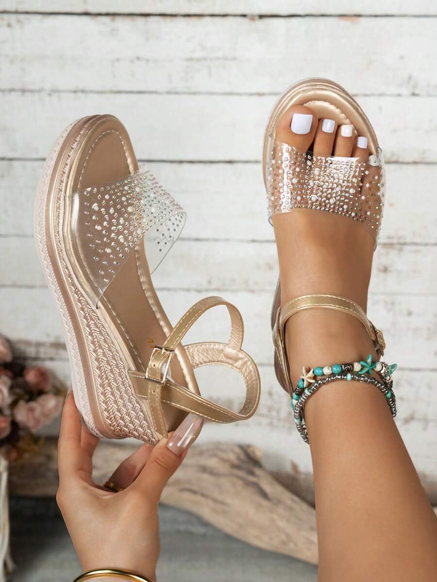 Women's Outdoor Transparent Rhinestone Rivet Fashionable Outdoor Hook Banquet Home Increased Platform Wedge Sandals