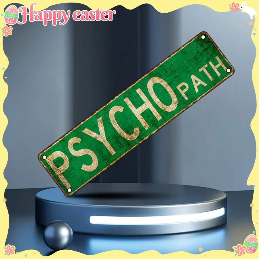 1 Stück Vintage "Psycho Path" Metallschild 15.7"X3.9", mit abgenutzter grüner Oberfläche, vorgebohrten Löchern und abgerundeten Ecken, geeignet für Zuhause, Küche oder Außenbereich, Heimdekoration | Retro Stil | Einfache Installation Schild, Vintage Heimdekoration, Lochdesign sortiert
