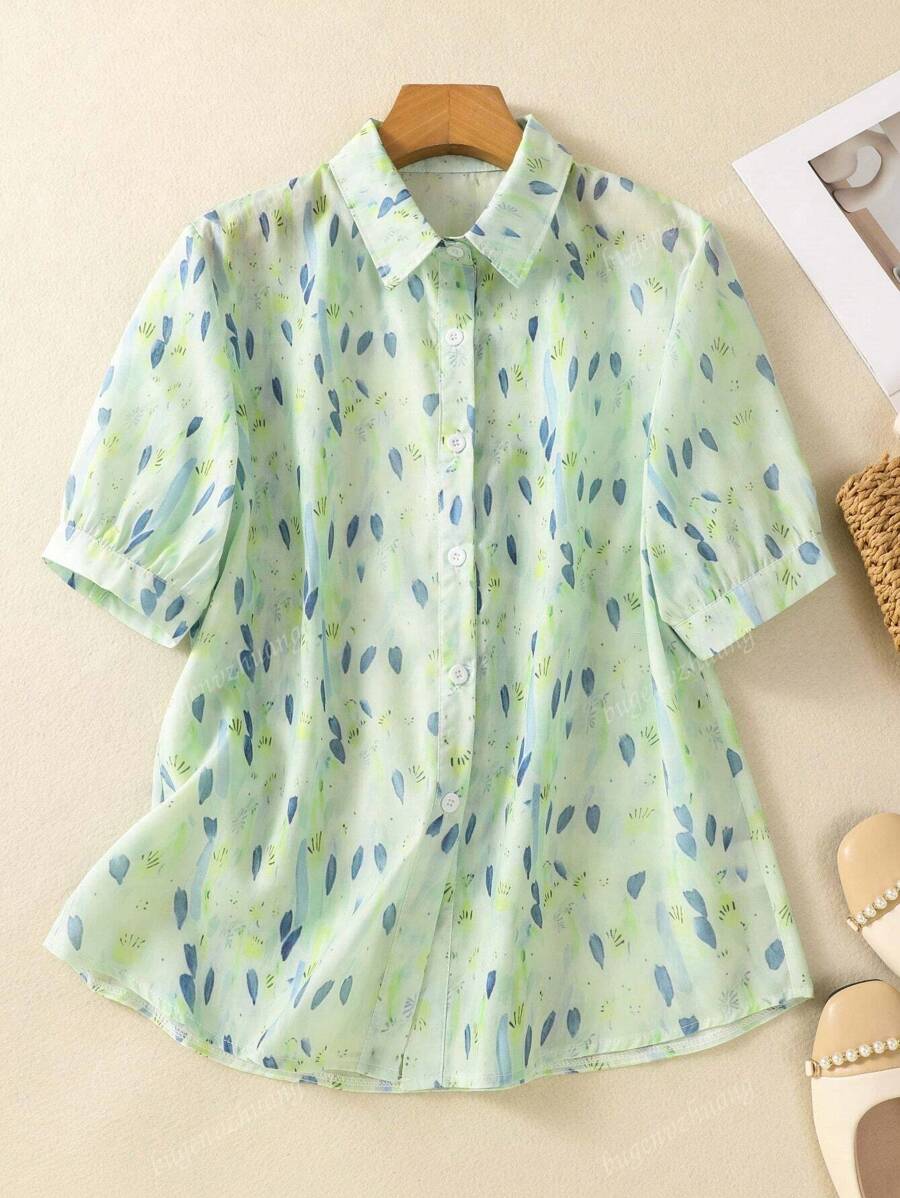Women's Short Sleeve Button-Down Shirt With Tropical Leaf Print Lapel Collar - Festival Dates Night Out/Party/Travel Blouse For Spring Summer Fall Casual Daily Outfits