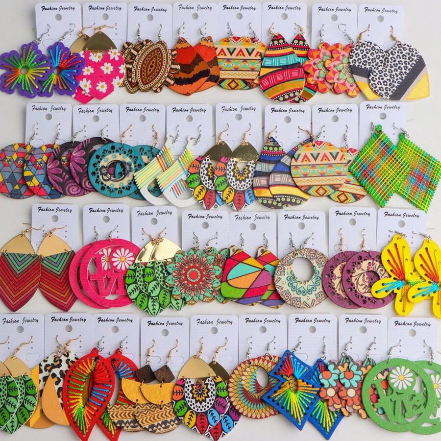 10 Pairs Boho Style Wooden Stud Earrings With Colorful Geometric Hollow Print, Suitable For Daily, Party And Gathering Wear, Random Design