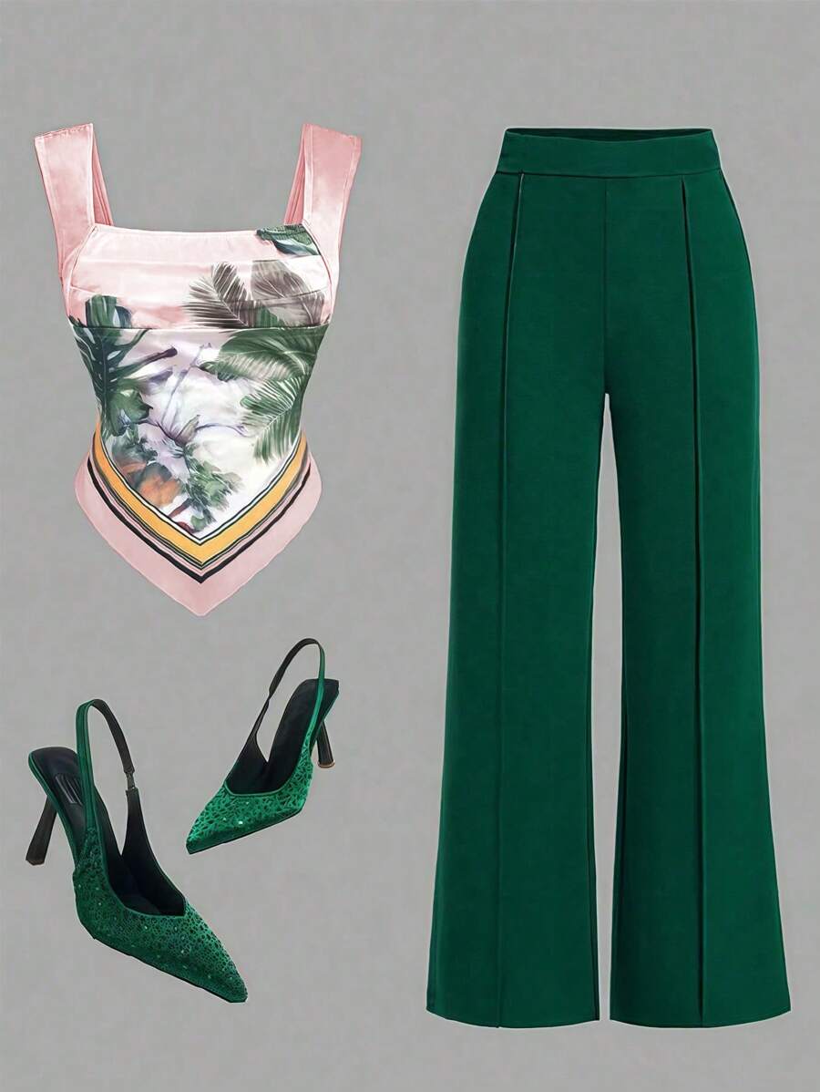 Set da donna a 2 pezzi: Canottiera elegante e sexy con stampa tropicale bohémien a scollo quadrato e pantaloni casual da lounge in tessuto liscio, ideali per l'abbigliamento da vacanza all'aperto e per uscite