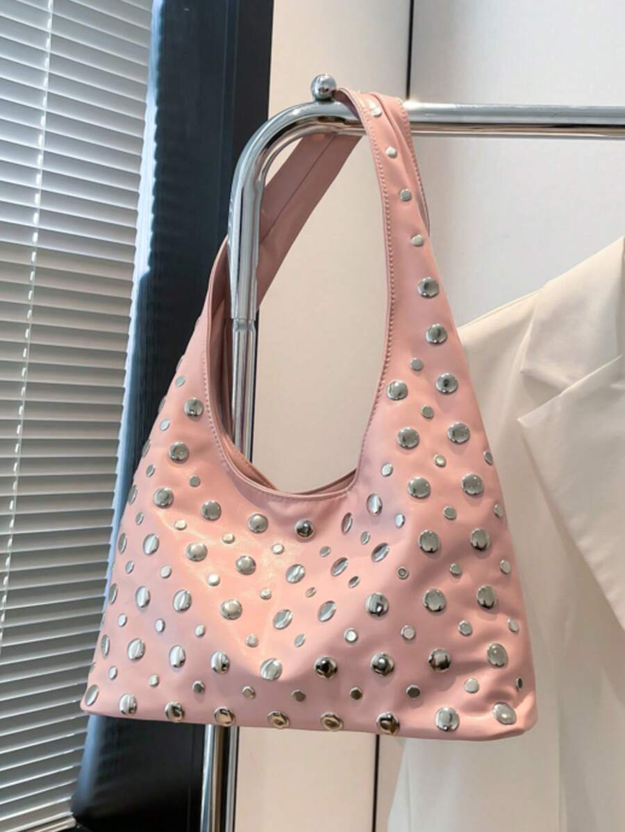 Borsa grande da donna per la primavera/estate, borsa per mamme, colore unito, decorata con borchie in stile motociclistico in PU, a forma di mezza luna, adatta per l'ufficio e lo stile casual, di stile coreano, regalo per la Festa della Mamma, borsa a tracolla, estiva, durevole, multifunzionale, con cerniera, adatta per viaggi di lavoro, grande capacità