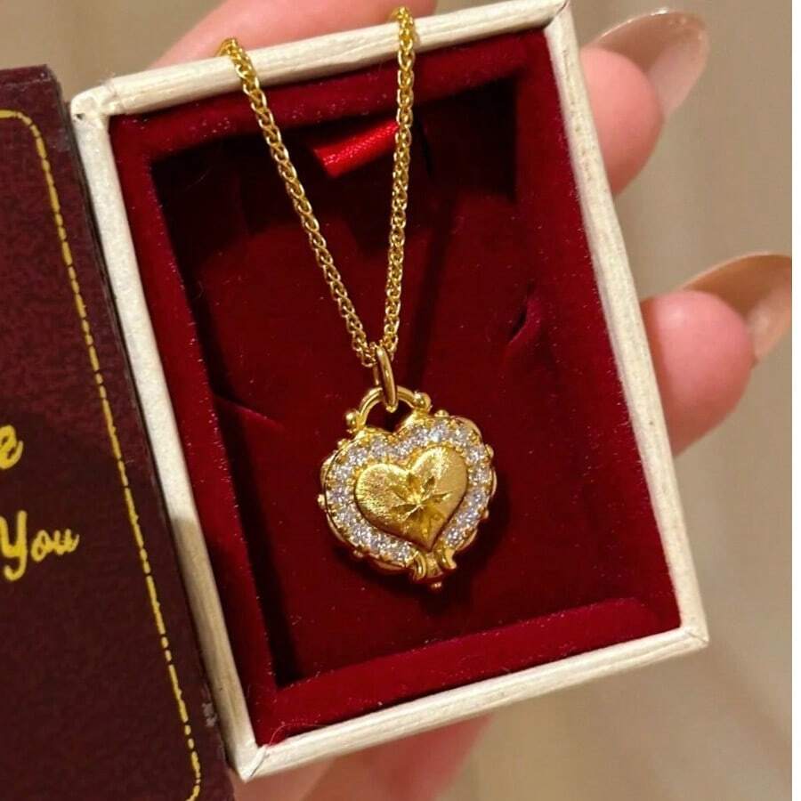 1 pieza Collar con colgante de corazón texturizado chapado en oro de 18 quilates con circonita, adecuado para uso diario de mujer